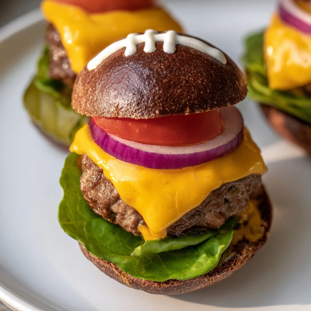 American football oval burger platter ready to eat, with melted cheese and delicious toppings.