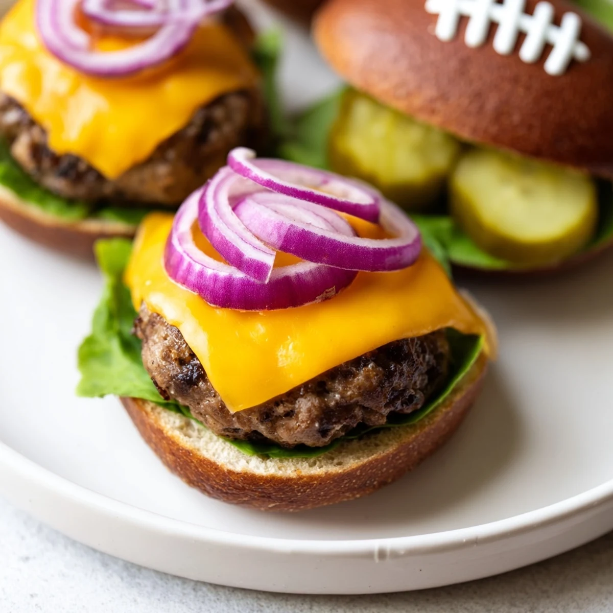 Game day-ready American football oval burger platter, beautifully arranged with fries, is a crowd-pleaser.