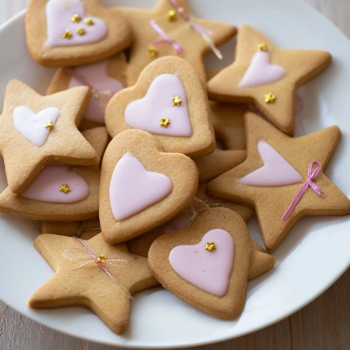 Golden, heart and star Mignonneries Coeurs et Étoiles cookies, ready to be tied with sweet ribbons.