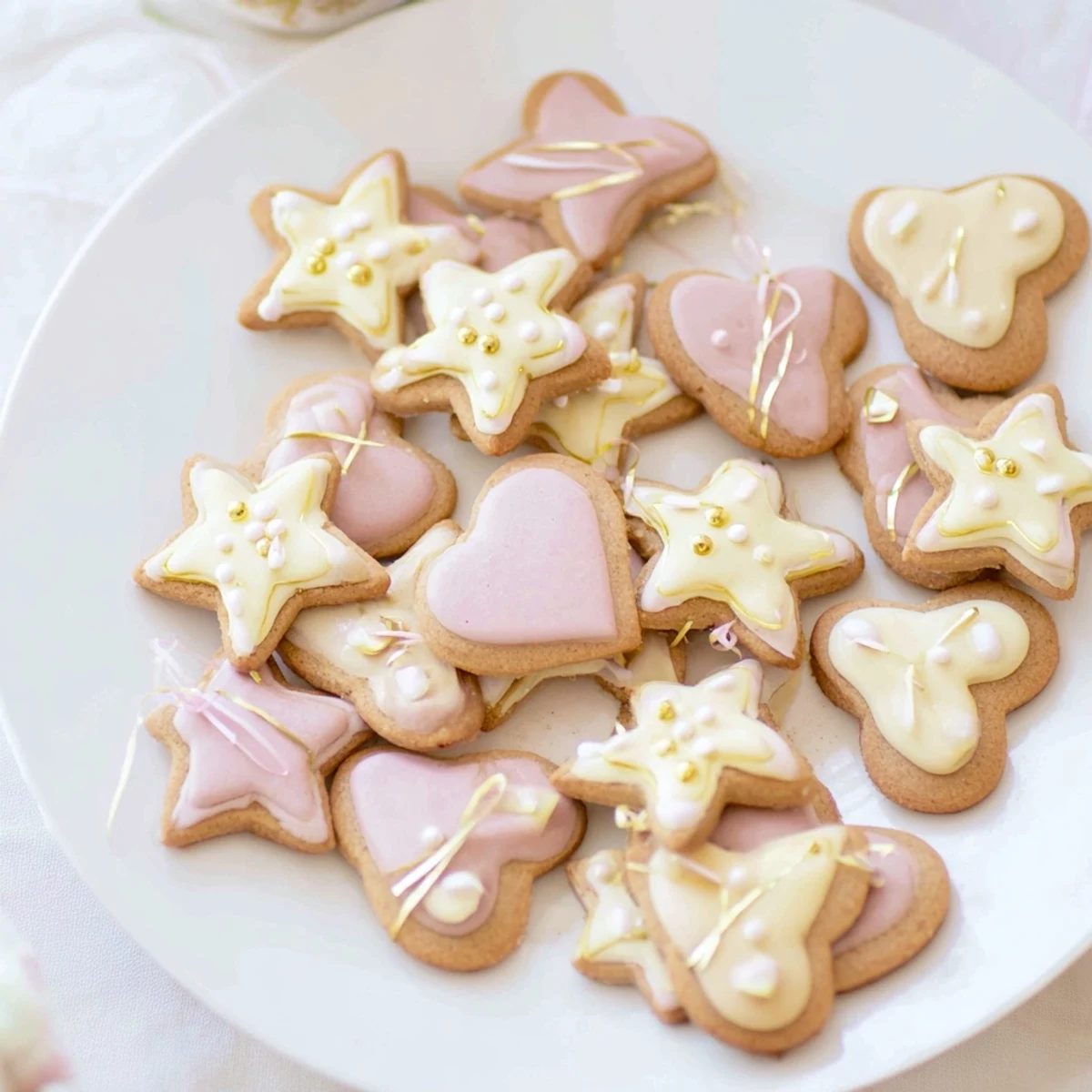 Homemade French Mignonneries Coeurs et Étoiles, adorable heart and star cookies, ready for serving on a plate.