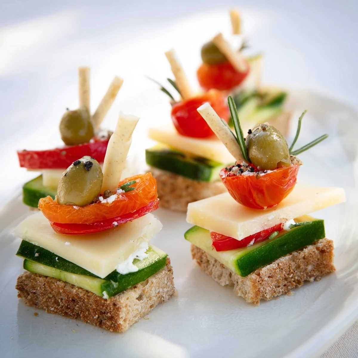 Urban Skyscraper Appetizers with colorful vegetable toppings and cheese layers for a party.