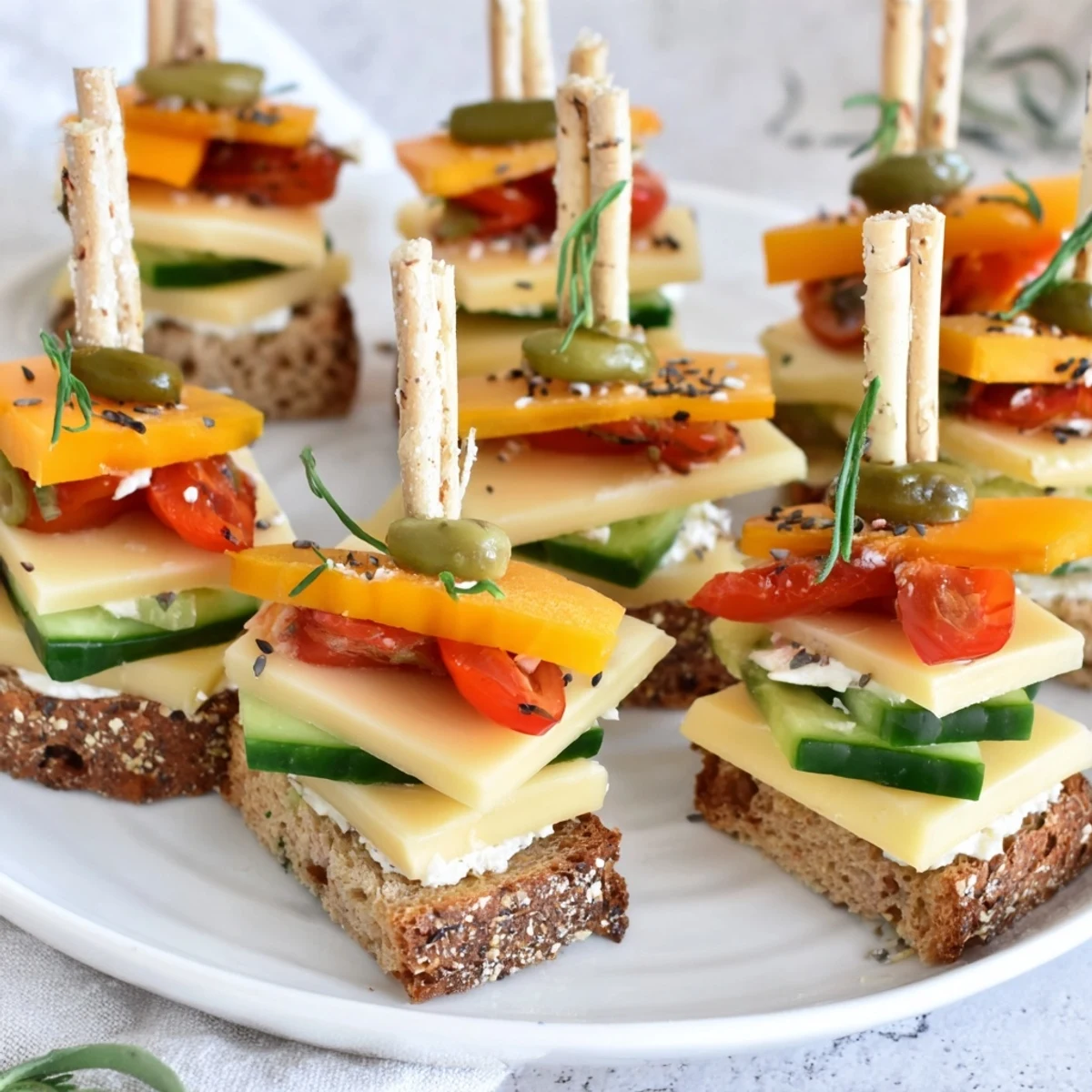 Savory Urban Skyscraper Appetizers built with crackers, cheese, and fresh ingredients, ready to eat.