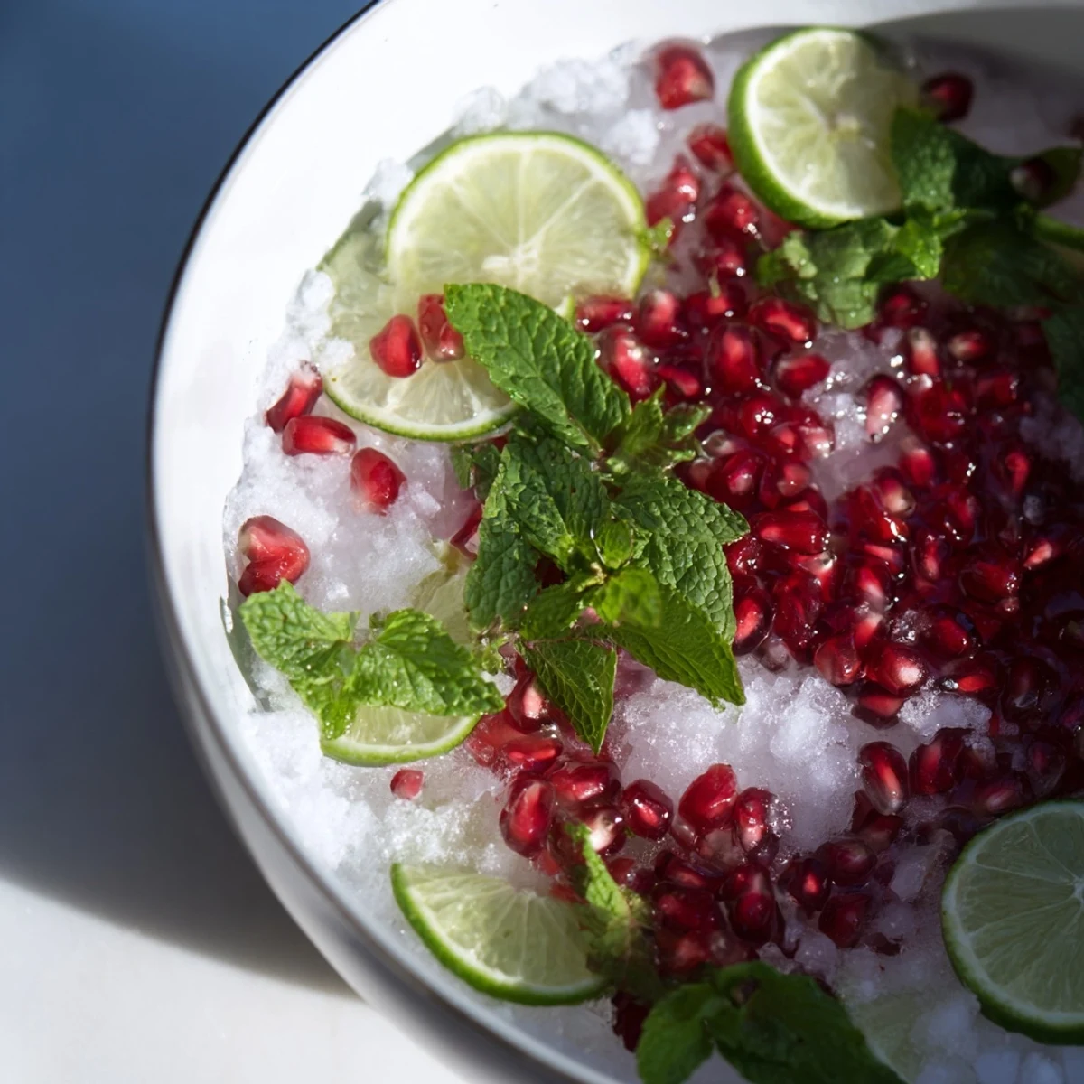 Bright, ruby-red Pomegranate and Mint Wreath sparkling in a punch bowl with lime slices.