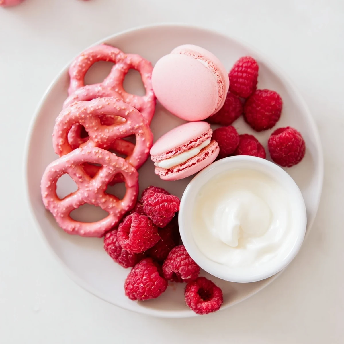 A visually stunning Baby Reveal board with fresh berries, macarons, and playful colored pretzels.
