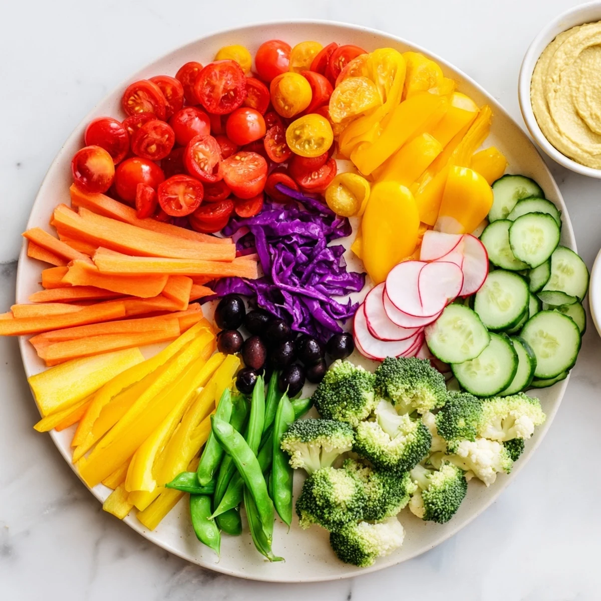 Fresh and colorful vegetable rainbow board, a beautiful and healthy appetizer platter perfect for sharing.