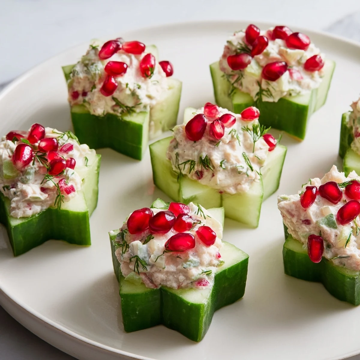 Refreshing Winter Salad: Delicate cucumber cups hold a tangy filling, beautifully garnished for a snack.