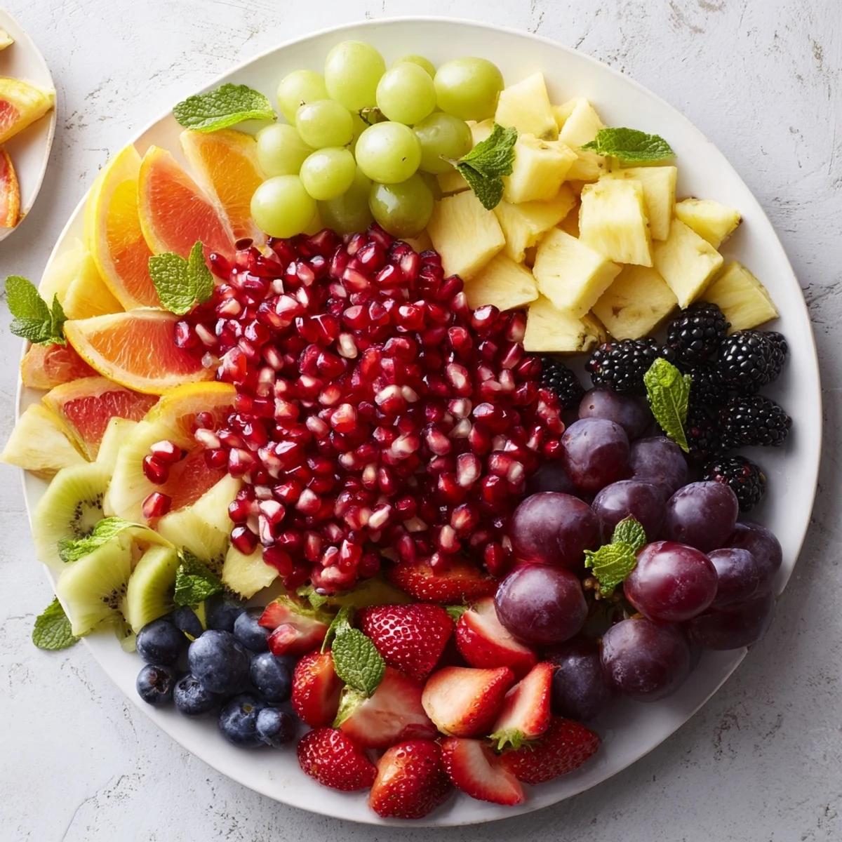 Bright pomegranate starburst platter with vibrant fruits, a colorful and healthy appetizer for sharing.
