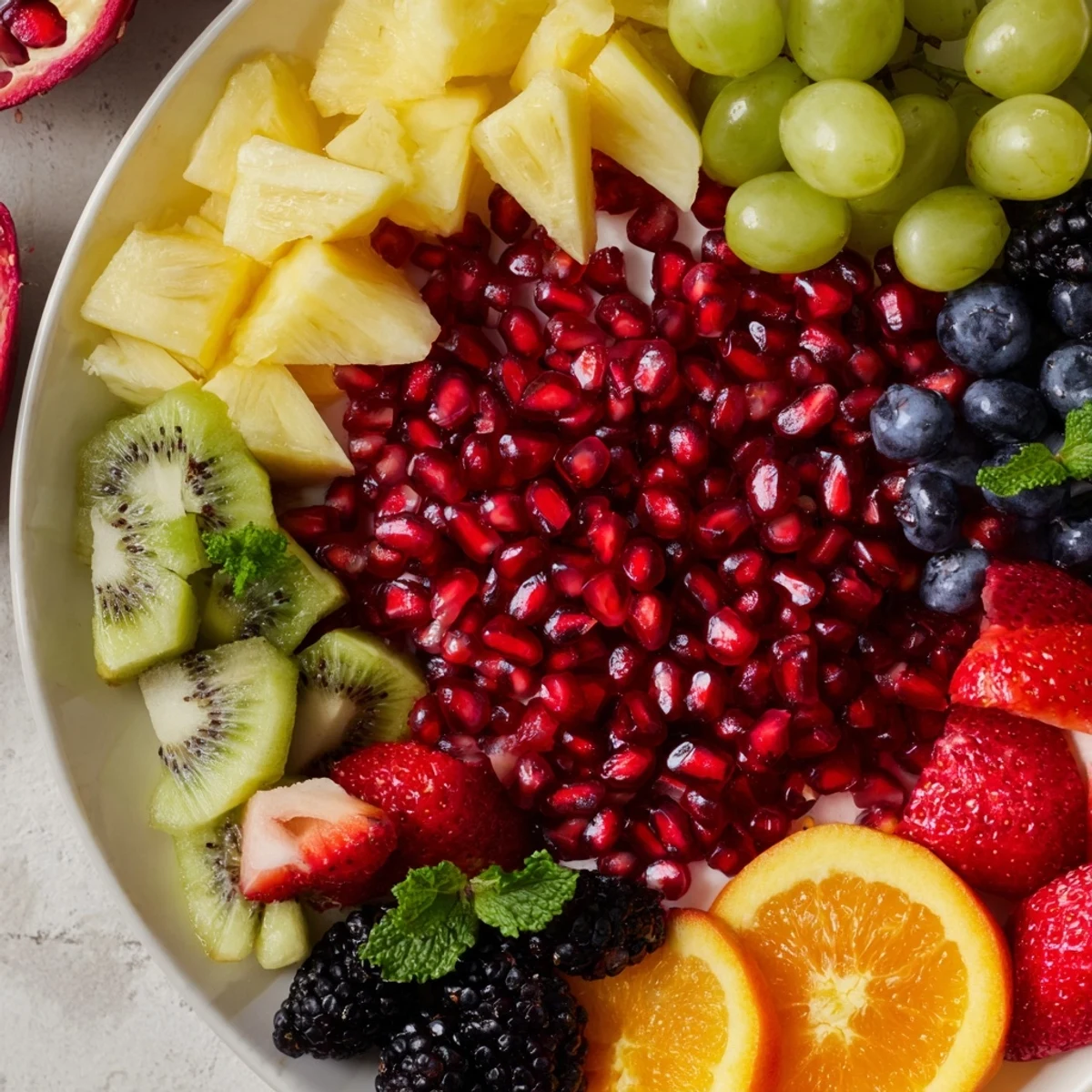 Beautiful display of a pomegranate starburst platter, with juicy arils and assorted fresh fruits arranged perfectly.