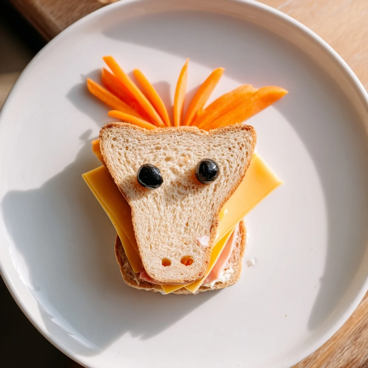 Adorable horse head sandwich cutouts, perfect for a fun lunch, filled with cheese and turkey.