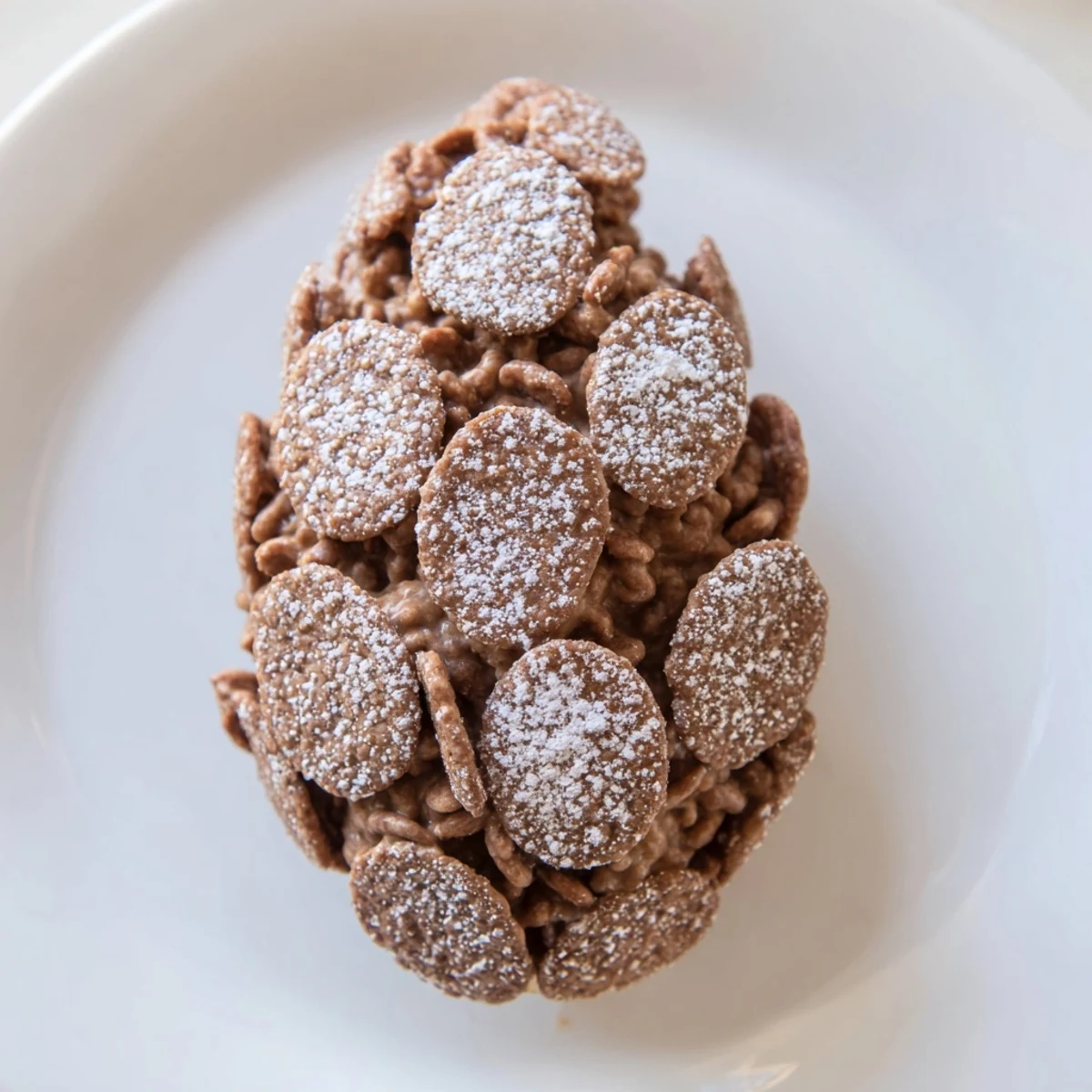 Pinecone-shaped nut butter snacks ready to serve, coated in chocolate cereal for a sweet, textured treat.