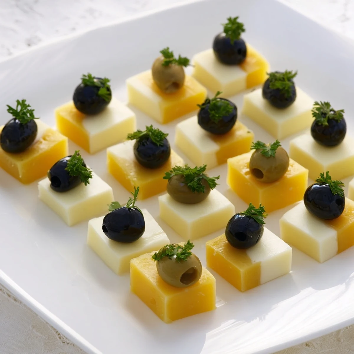 Arranged chessboard pattern of cheddar, mozzarella cheese, and olives – a festive appetizer.