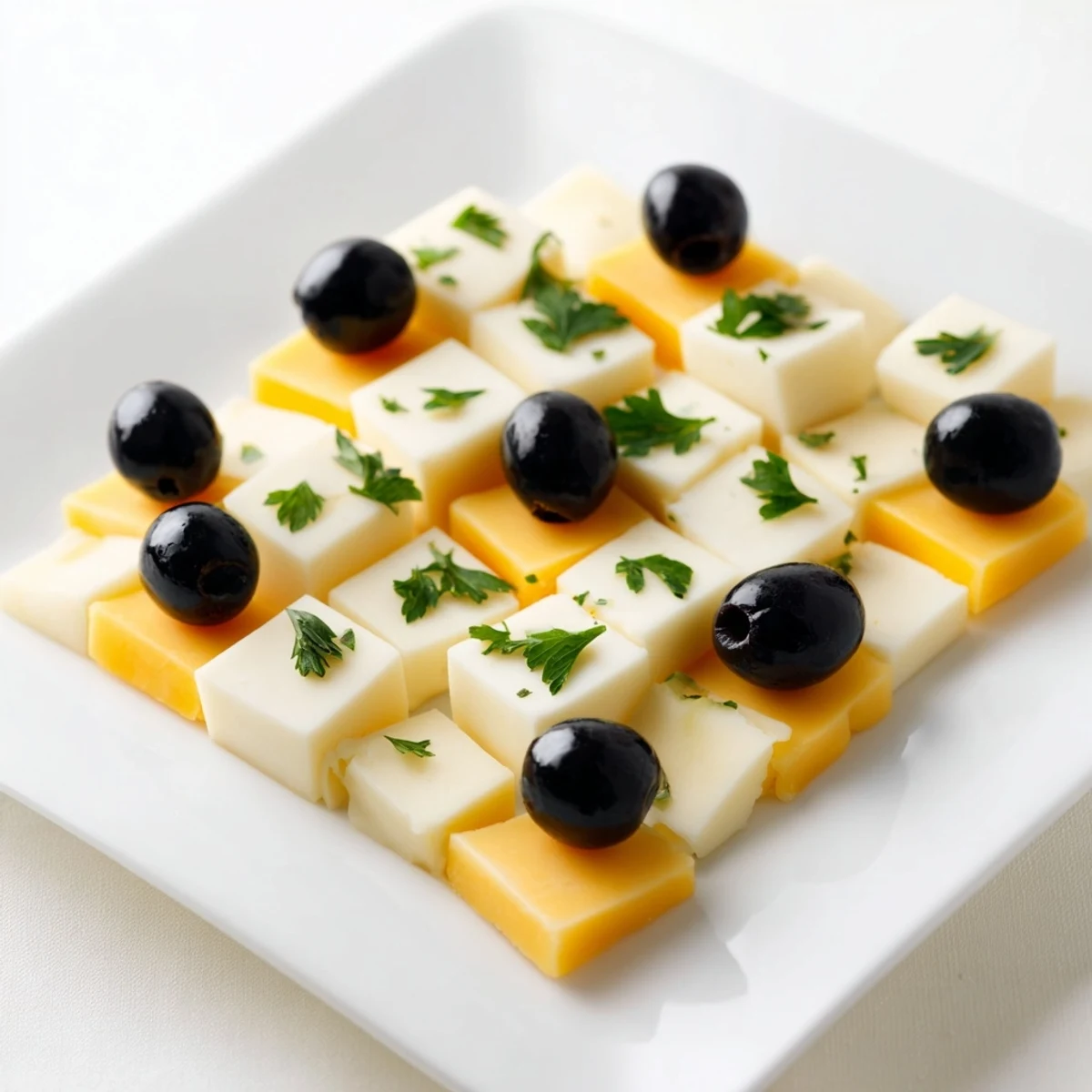 Perfectly cubed Cheese and Olive Chess Board appetizer, ready to serve with crackers for guests.