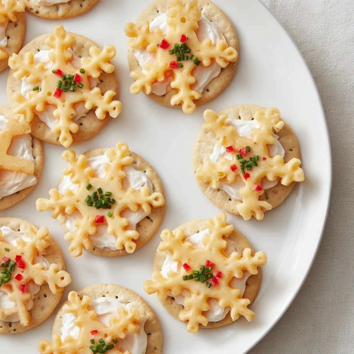 A platter of Savory Bites: Cracker and Cheese Snowflake Design, a festive appetizer loaded with cheese and herbs.
