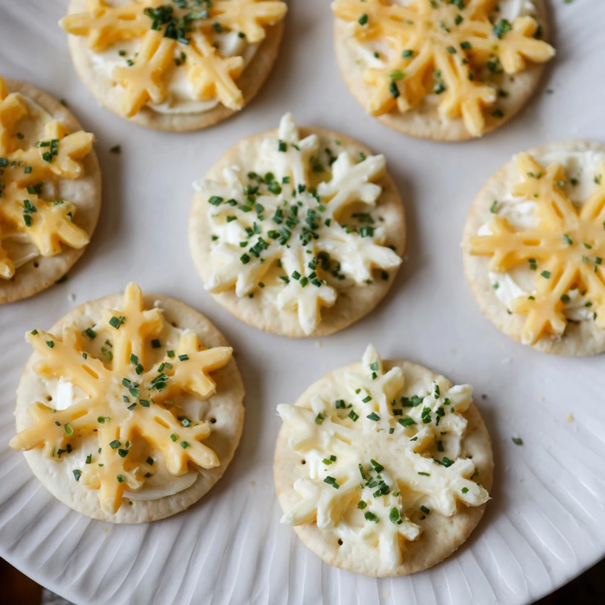 Delicate snowflake cheese cutouts top crackers in this perfect Savory Bites: Cracker and Cheese design, ready to enjoy.