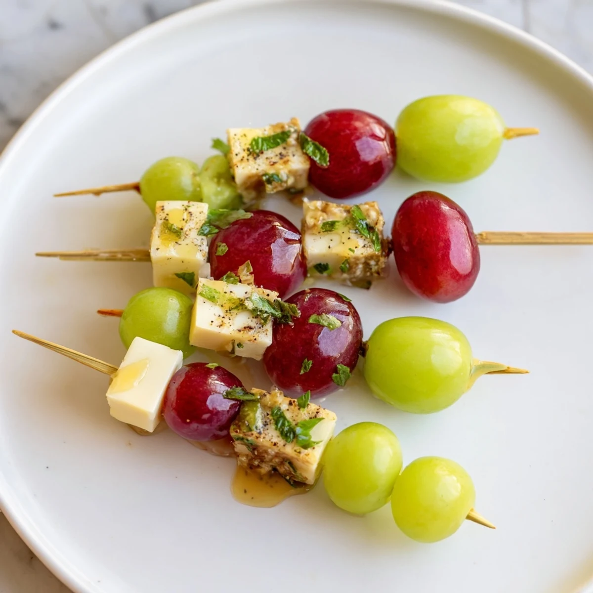 Festive Sparkling Grape and Cheese Skewers with glistening grapes and golden cheese cubes, ready to enjoy.