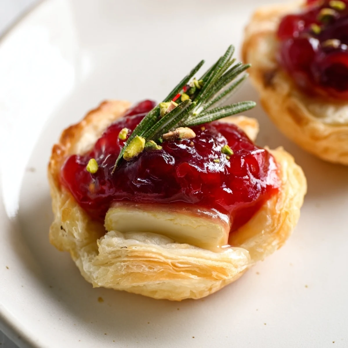Golden, baked Mini Cranberry Brie Tart Wreath, with creamy Brie oozing from flaky pastry.