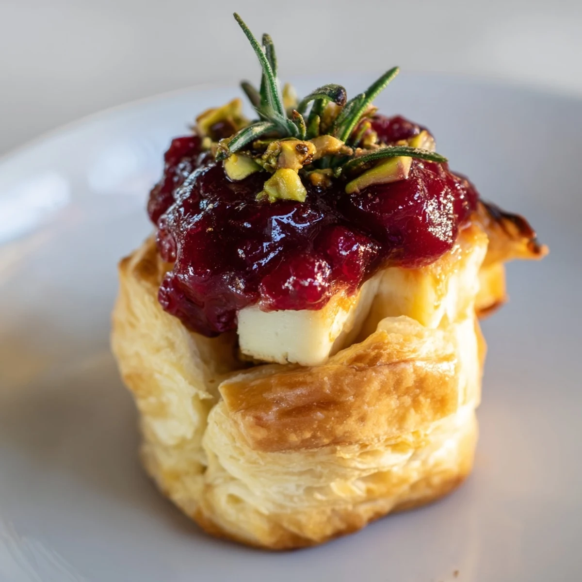 Warm Mini Cranberry Brie Tart Wreath, a delightful holiday appetizer with red and golden hues.