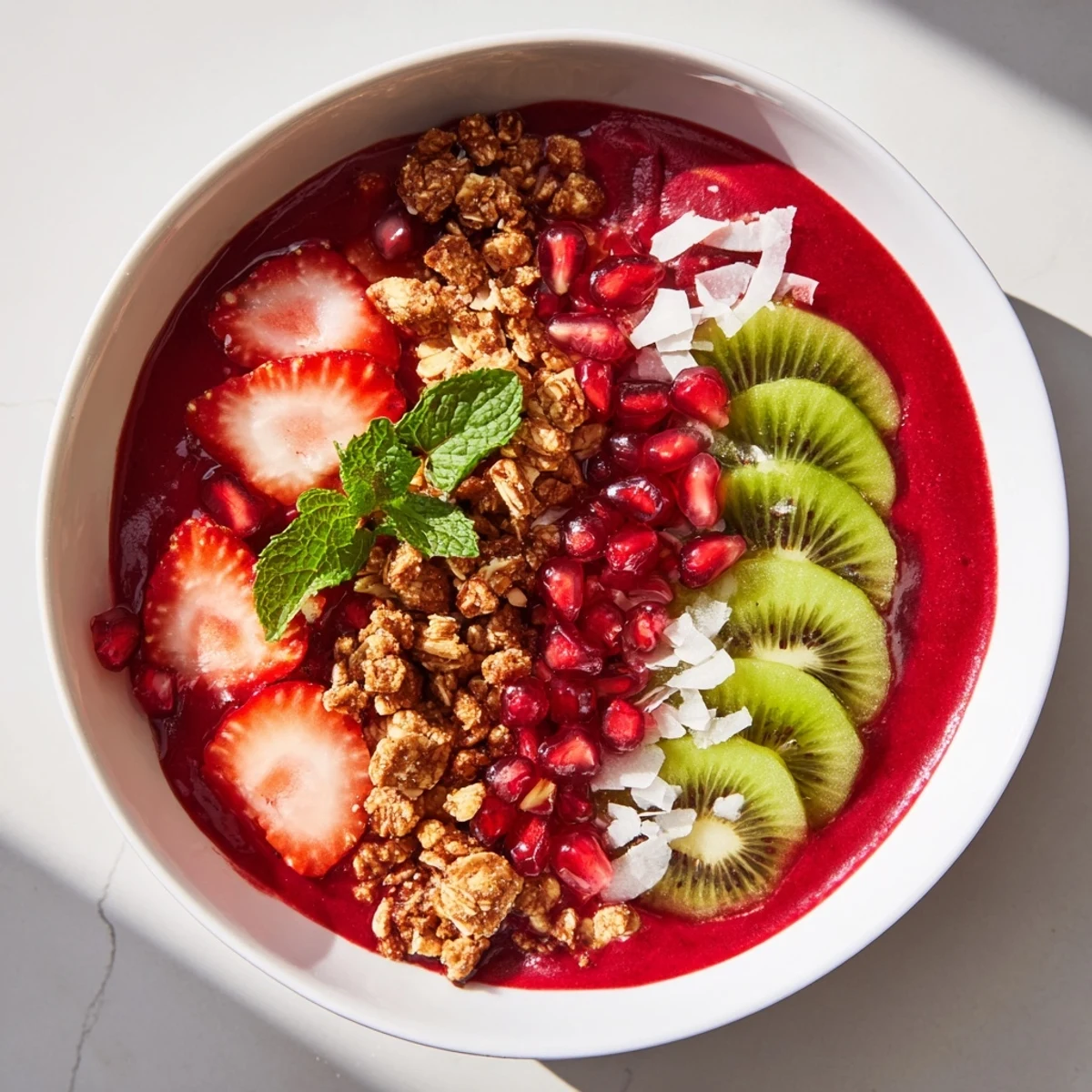 Creamy green kiwi spinach smoothie meets vibrant berries in these easy Festive Smoothie Bowls.