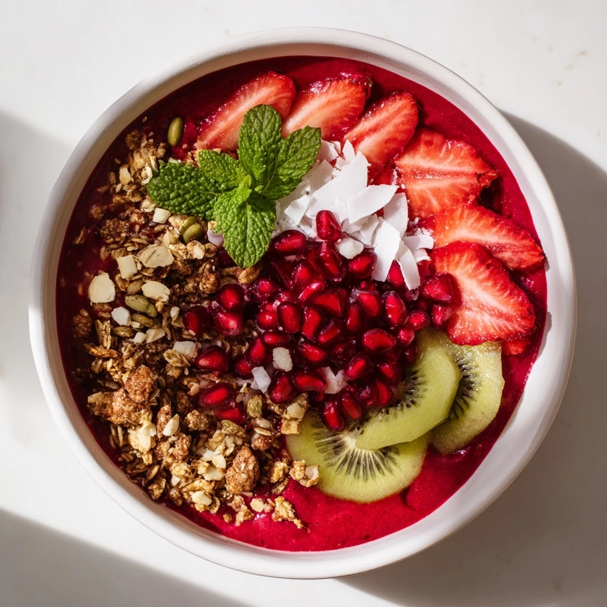 Bright red and green Festive Smoothie Bowls, layered with fresh fruit and crunchy granola, ready to eat.