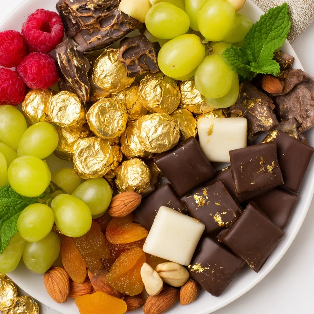 A festive New Year's Gold Foil Wrapped Chocolate Board, overflowing with glistening chocolates and fresh fruit.
