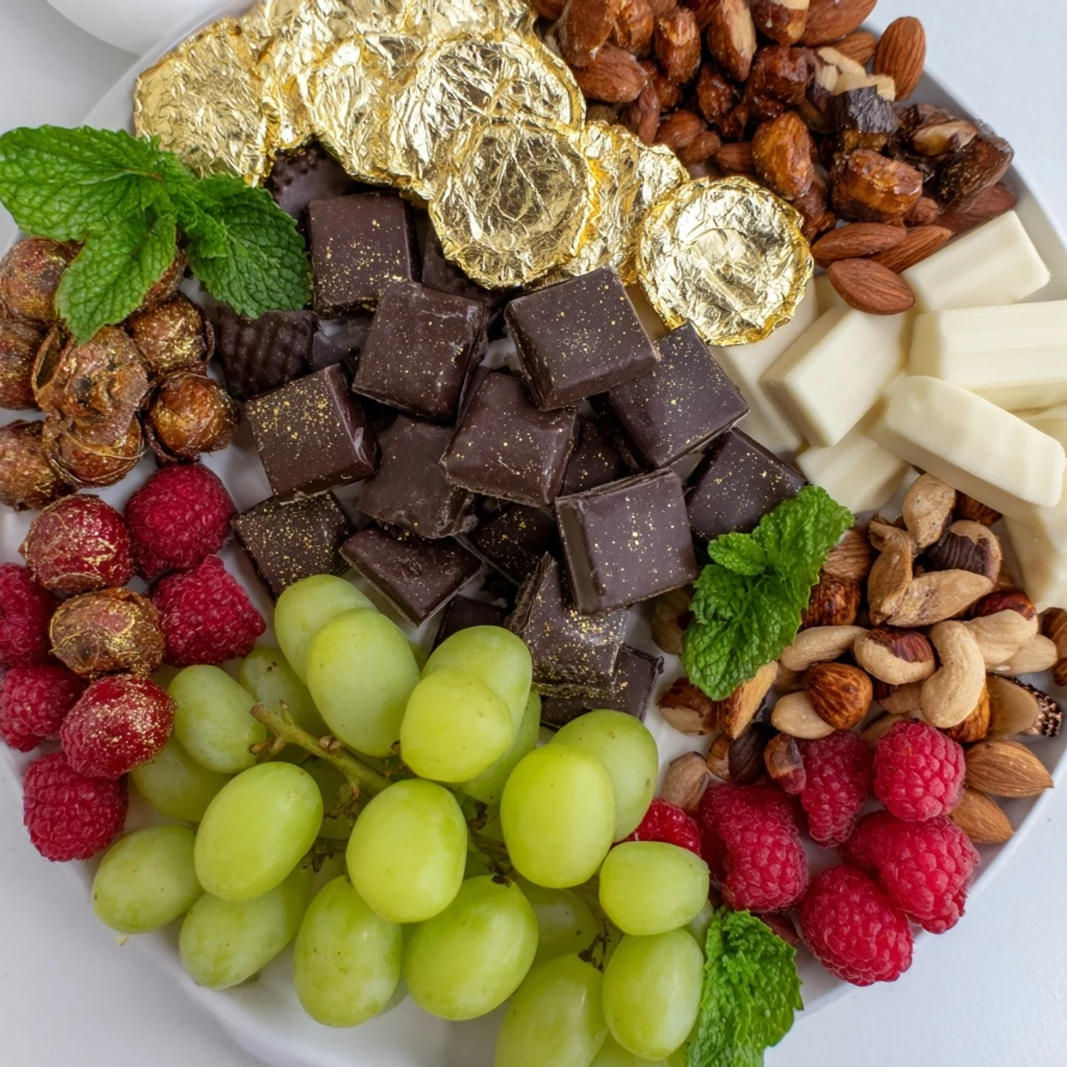 This decadent Gold Foil Wrapped Chocolate Board features colorful fruit, crunchy nuts, and sweet, glittering treats.