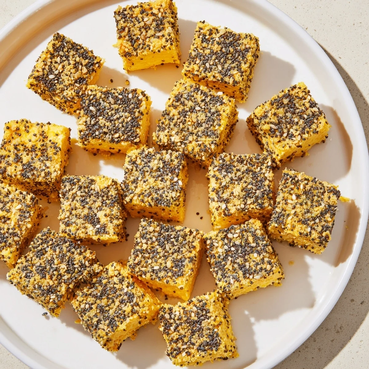 Savory everything bagel seasoning cheese cubes: a quick snack with flavorful, seasoned cheddar pieces.