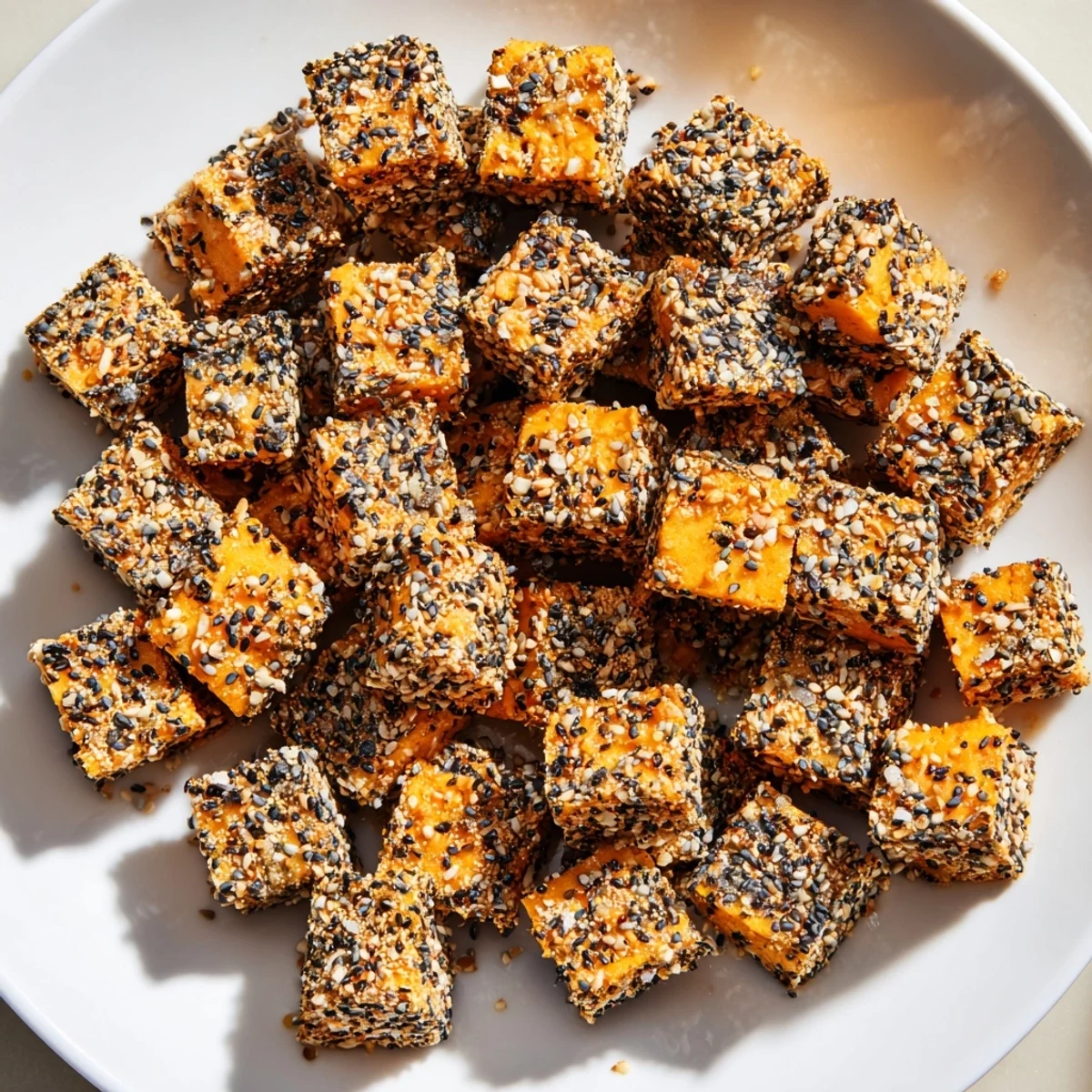 Up-close photo of delectable everything bagel seasoning cheese cubes, perfect for a party platter.