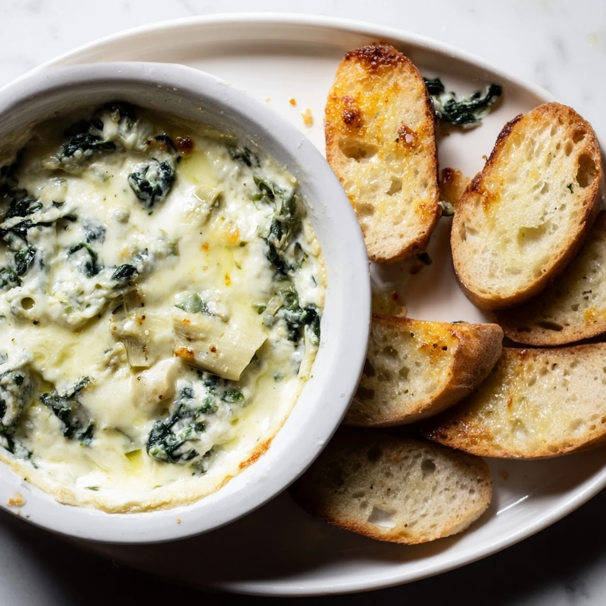 Creamy Spinach Artichoke Dip, bubbling hot and served with crispy, golden baguette slices.