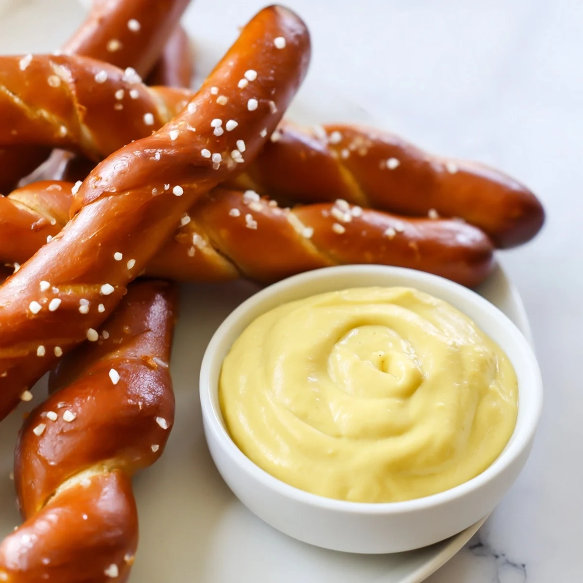 Close-up of pretzel rods with hot mustard, offering a spicy, delicious appetizer experience.