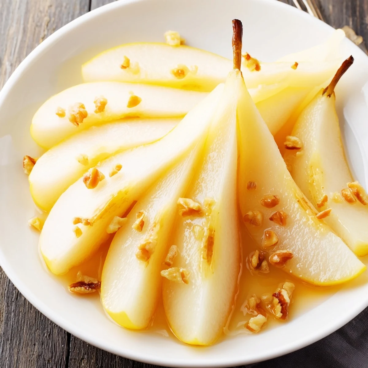 Fresh pear slices with golden honey drizzle, a light and healthy treat for dessert.