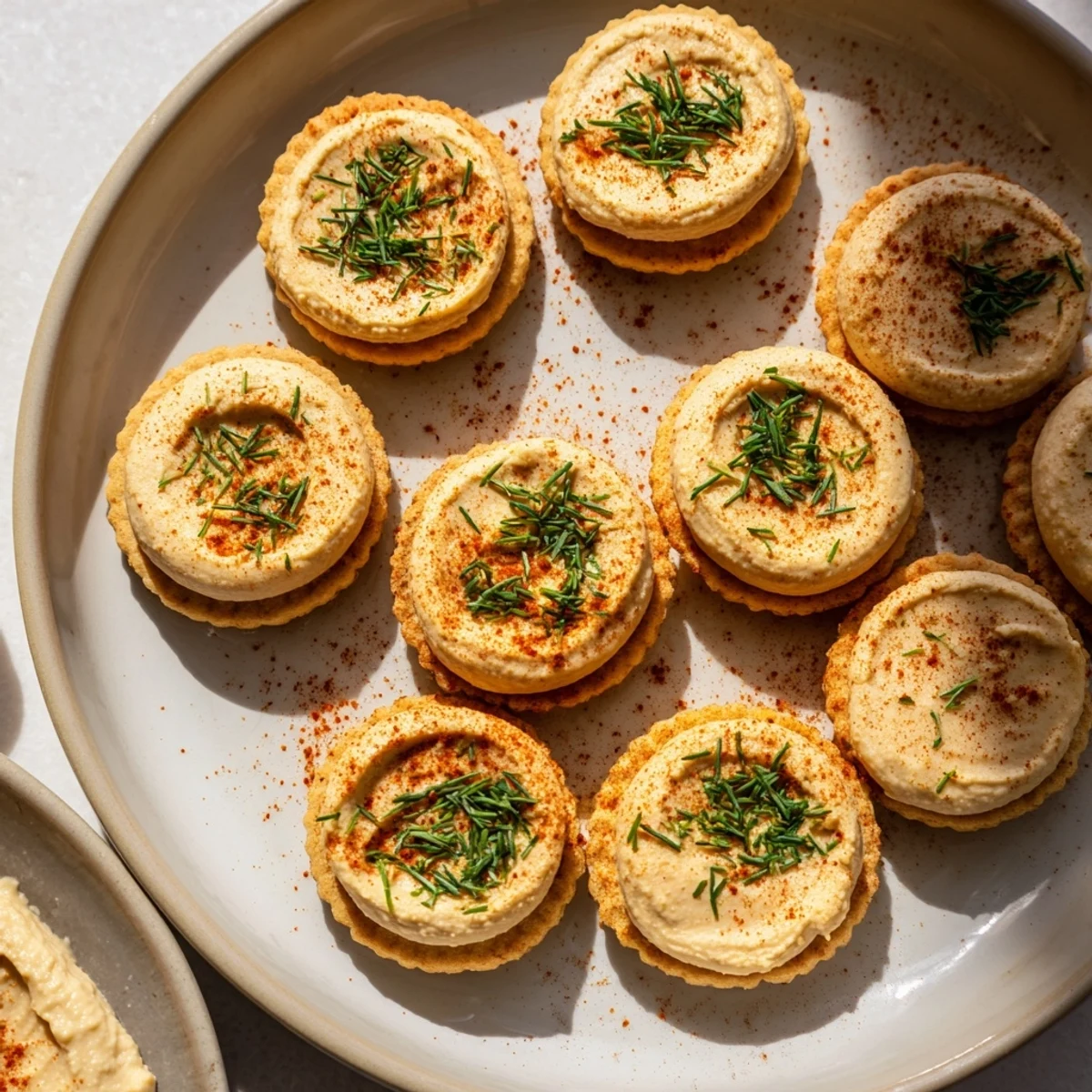 Close-up of a delightful appetizer: homemade rosemary crackers and classic hummus for the holidays.