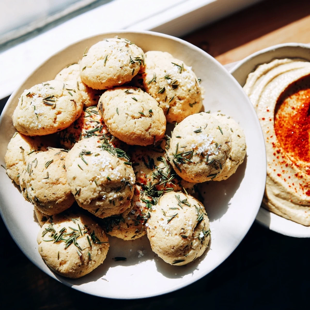 A beautifully arranged plate featuring Holiday Crackers with fresh rosemary and a vibrant hummus dip.