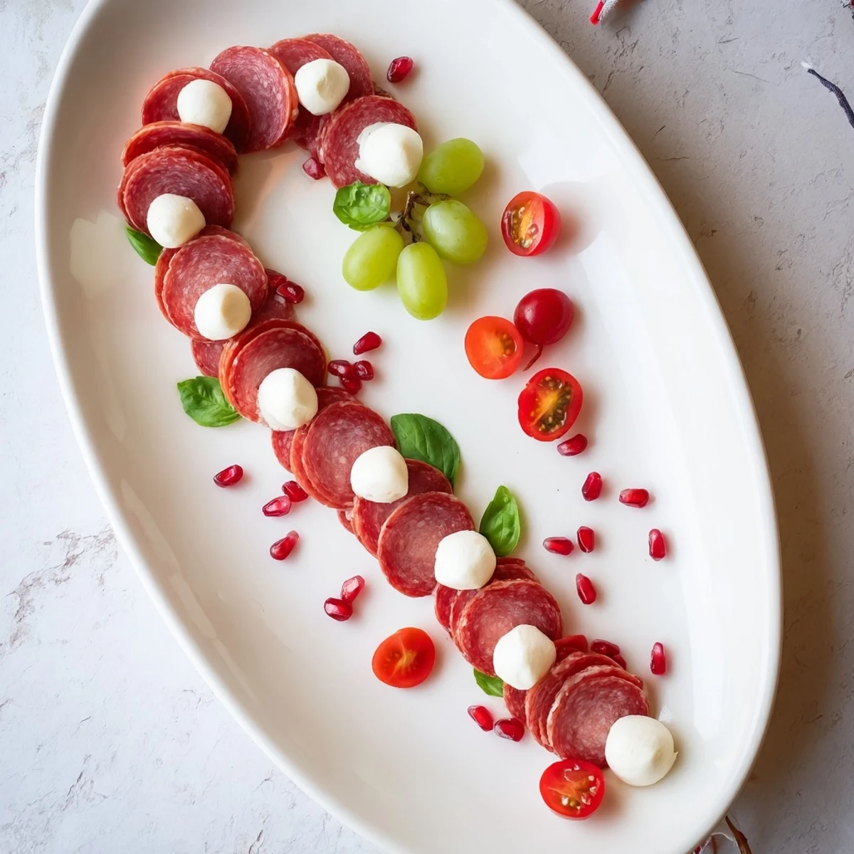 Festive Candy Cane Zigzag charcuterie board with vibrant red salami and mozzarella, perfect for holidays.