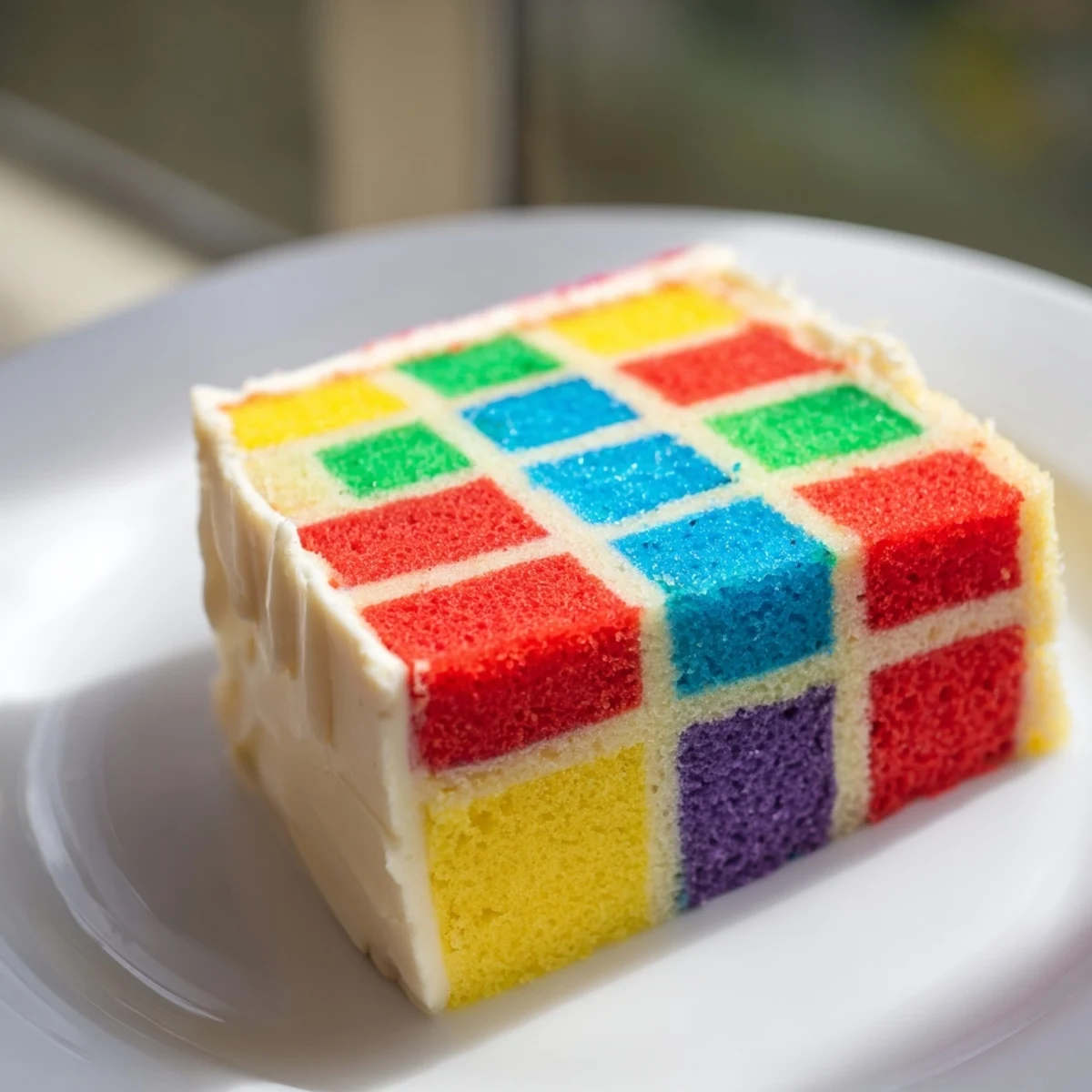 The Cozy Quilt Patchwork Cake, a colorful, layered dessert with perfectly arranged sponge squares.