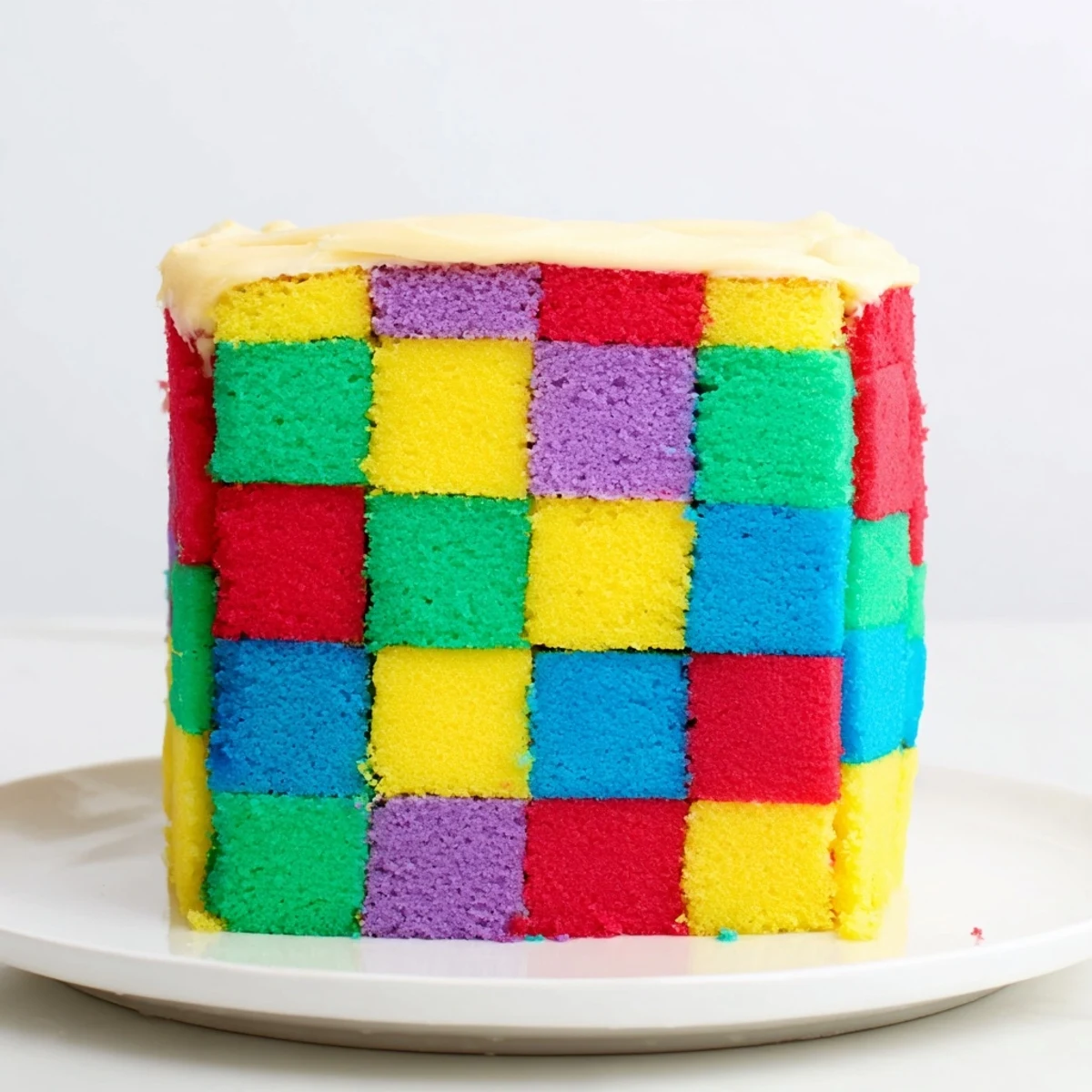 Imagine a close-up: the vibrant patchwork design of the Cozy Quilt Patchwork Cake, ready to be sliced.