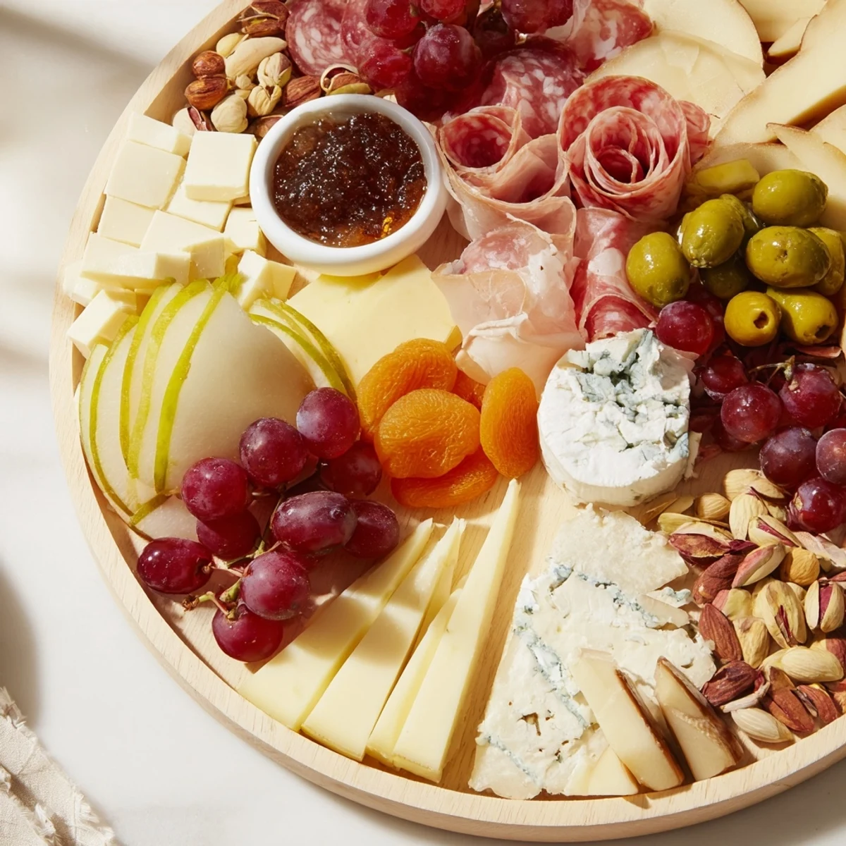 Festive Elegant Gilded Edge with cheeses, charcuterie, and grapes, arranged on an elegant round board.