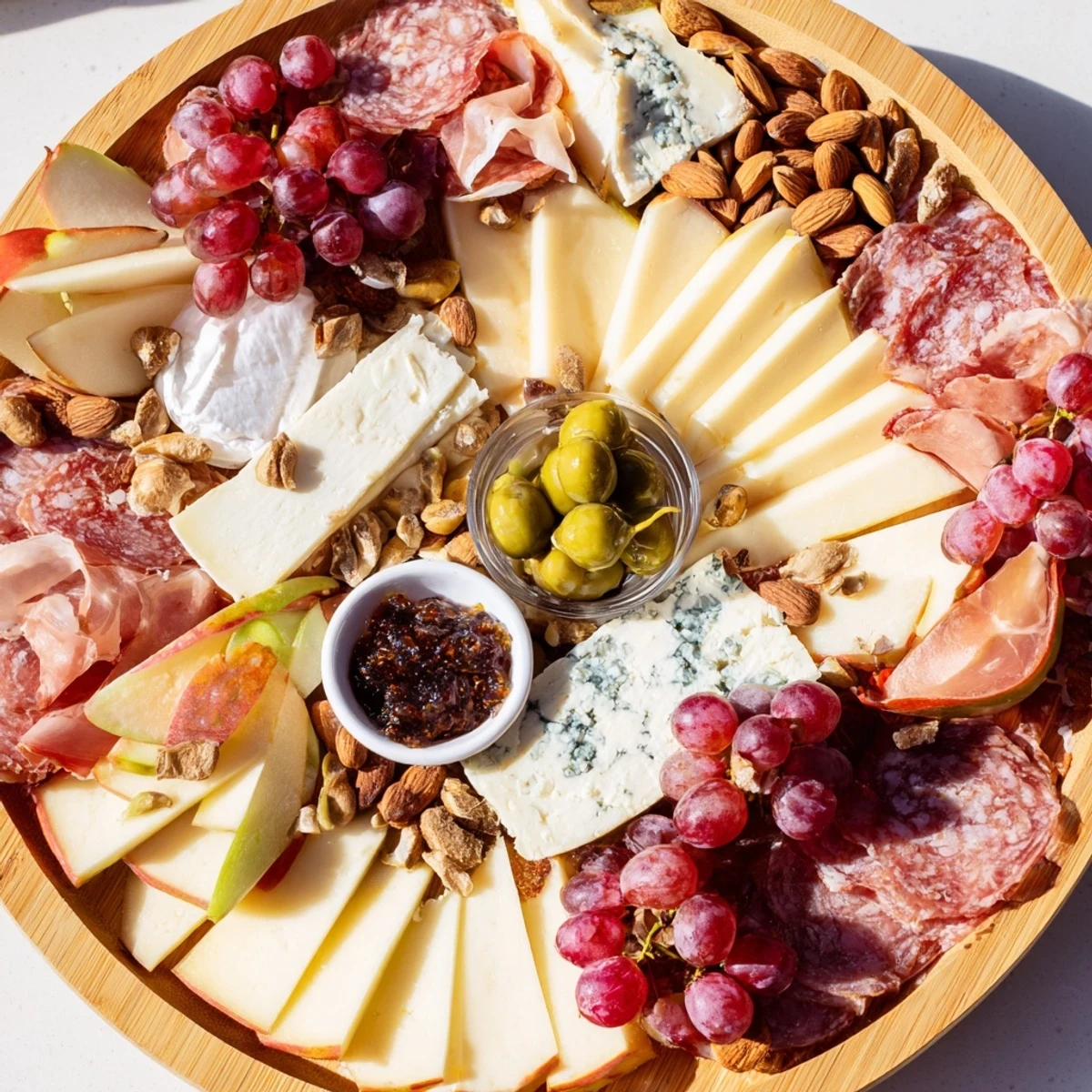 Elegant Gilded Edge cheese board: a stunning appetizer arranged with cheeses, meats, fresh fruit and nuts.