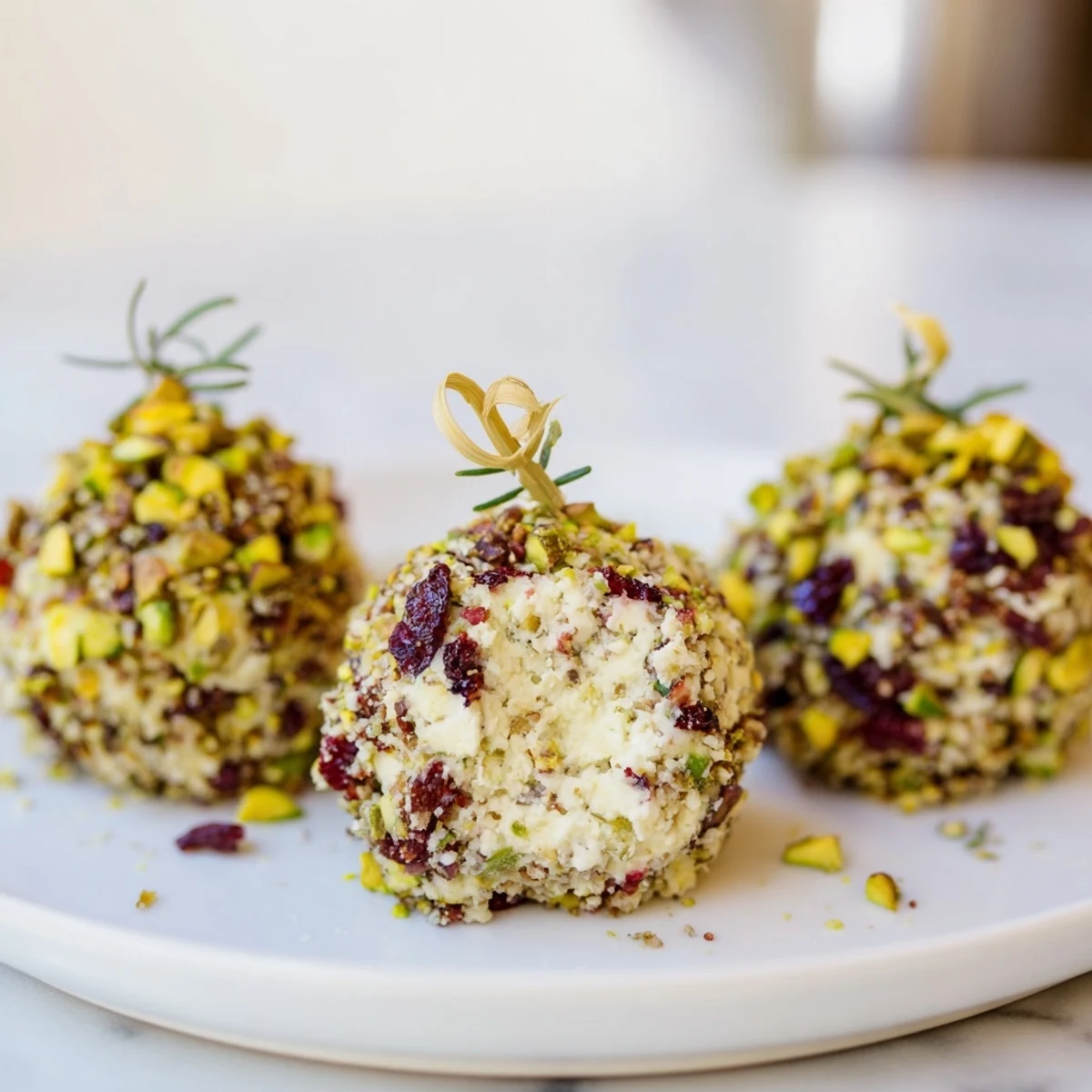 Vibrant Holiday Ornament Clusters: Festive cheese balls coated with pistachios, ready to serve on a platter.