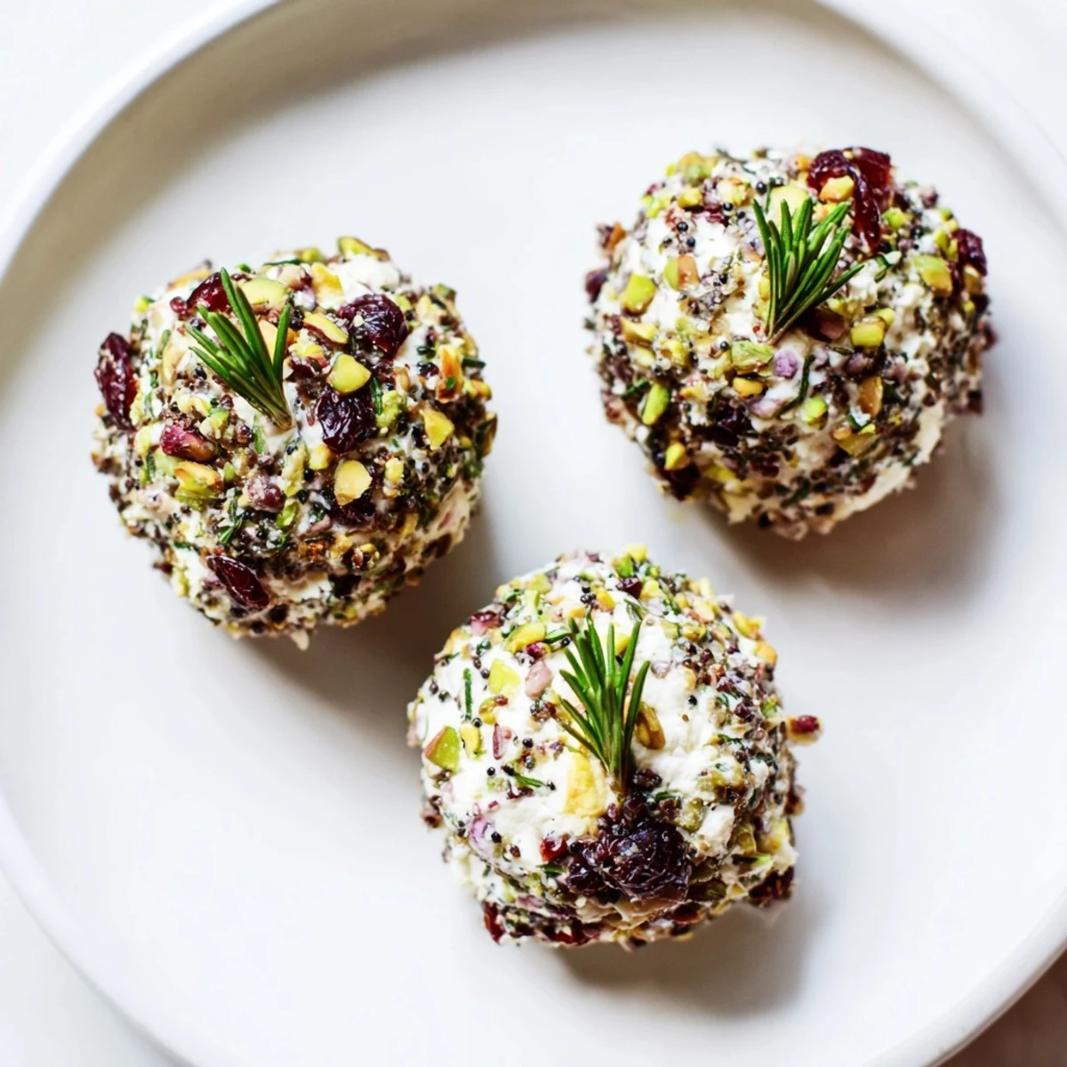 Close-up of delicious Holiday Ornament Clusters: cheese balls rolled in herbs and nuts, a beautiful appetizer.
