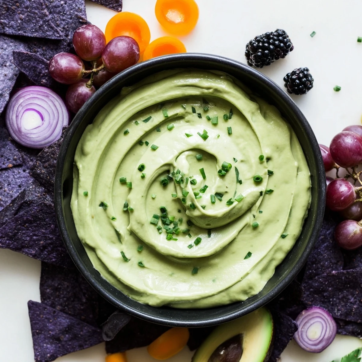 Vibrant green Witch's Brew Cauldron dip served in a black bowl, surrounded by dark Halloween snacks.