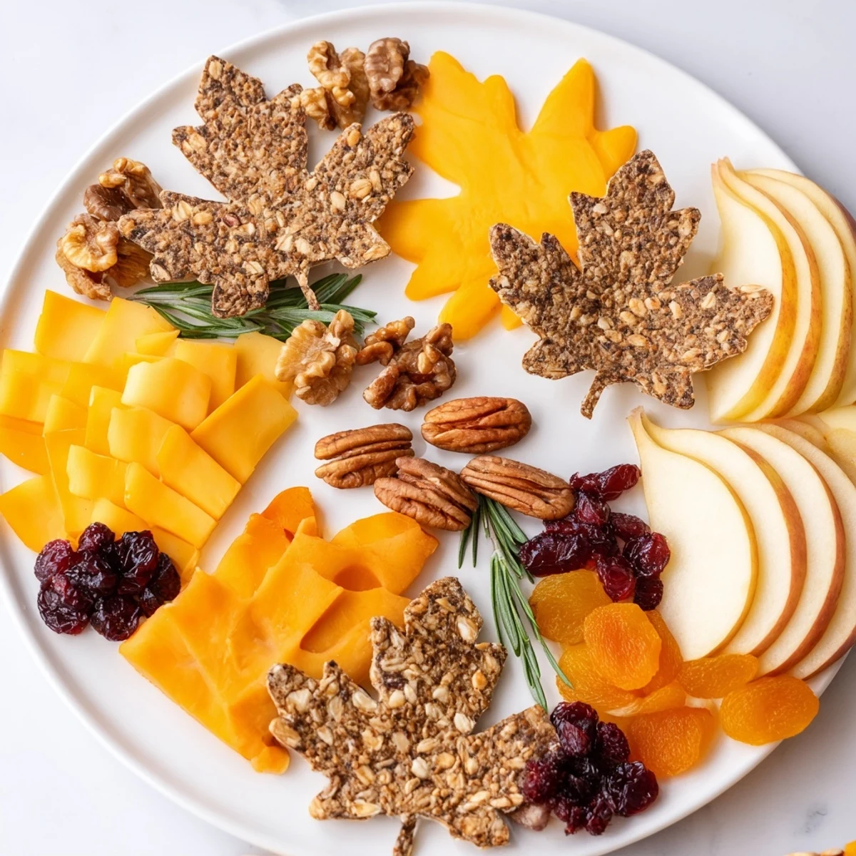 Thanksgiving Leaf Fall appetizer: A beautiful, autumn-themed snack board with colorful cheeses and fruit.