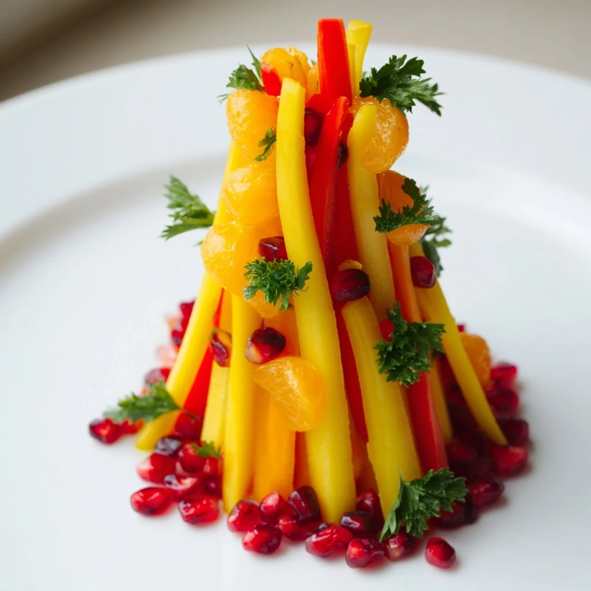 Layered red and yellow peppers create a flickering flame effect in this vegan Bonfire Warmth Centerpiece.