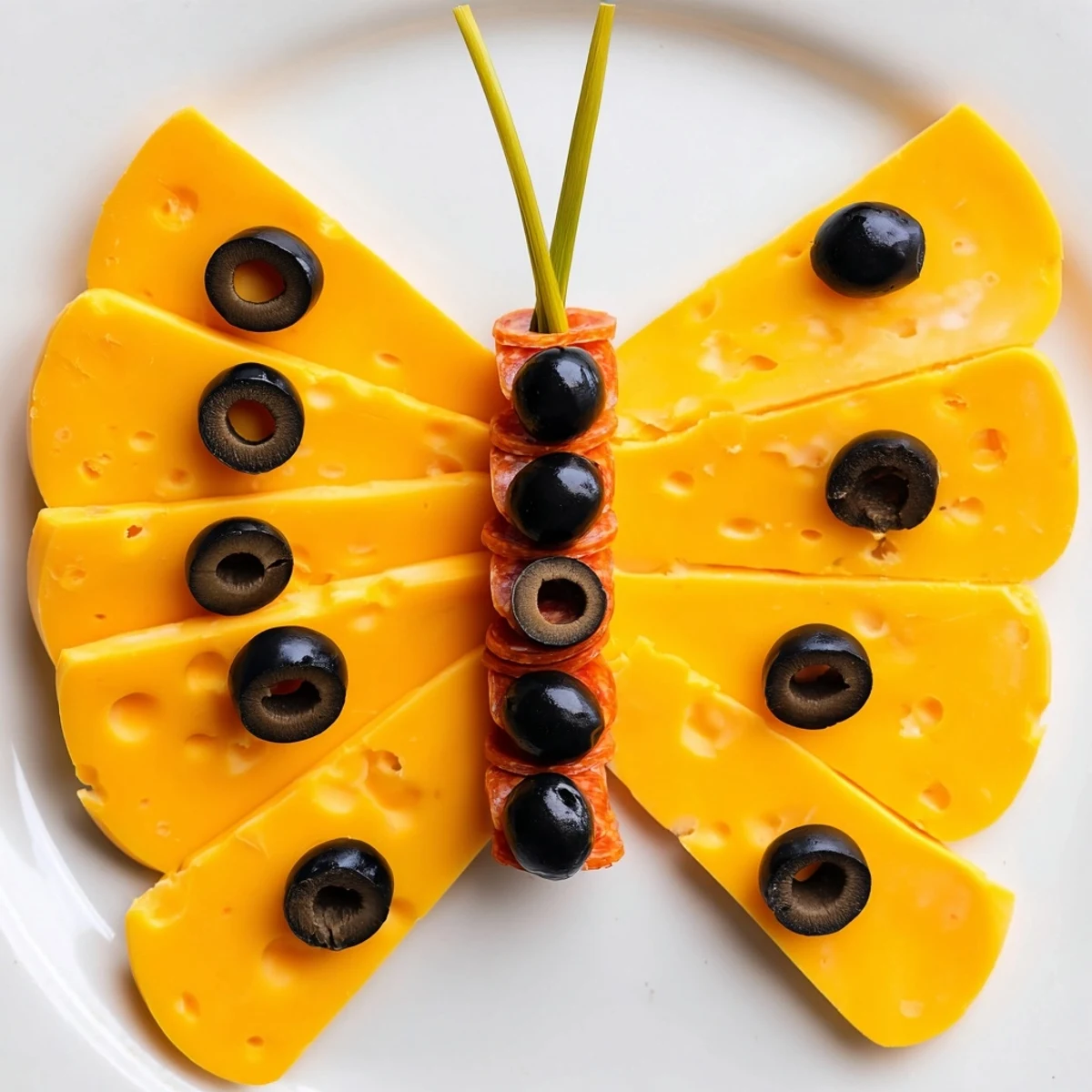 A colorful appetizer platter of The Butterfly Migration with cheese wings and salami body.
