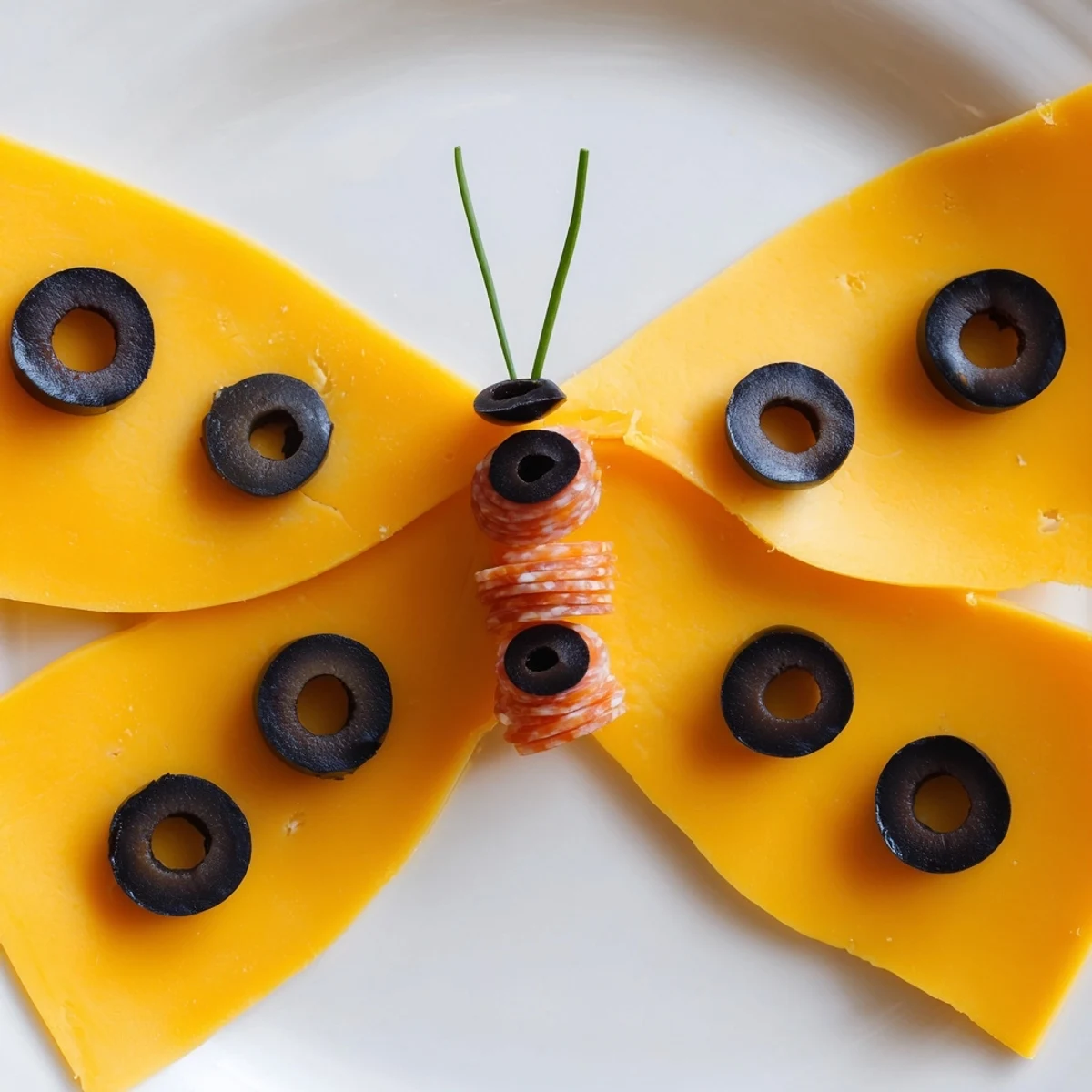 This The Butterfly Migration appetizer features savory salami and olives on cheddar cheese wings, ready to eat!