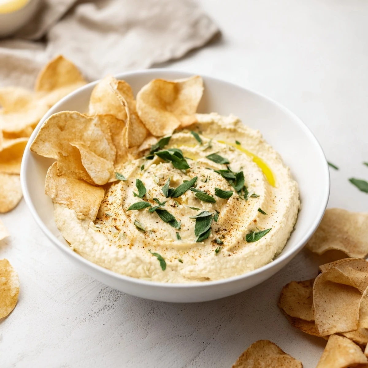 Creamy hummus Sahara Dune appetizer mounds with crunchy pita chips, perfect for sharing and dipping.