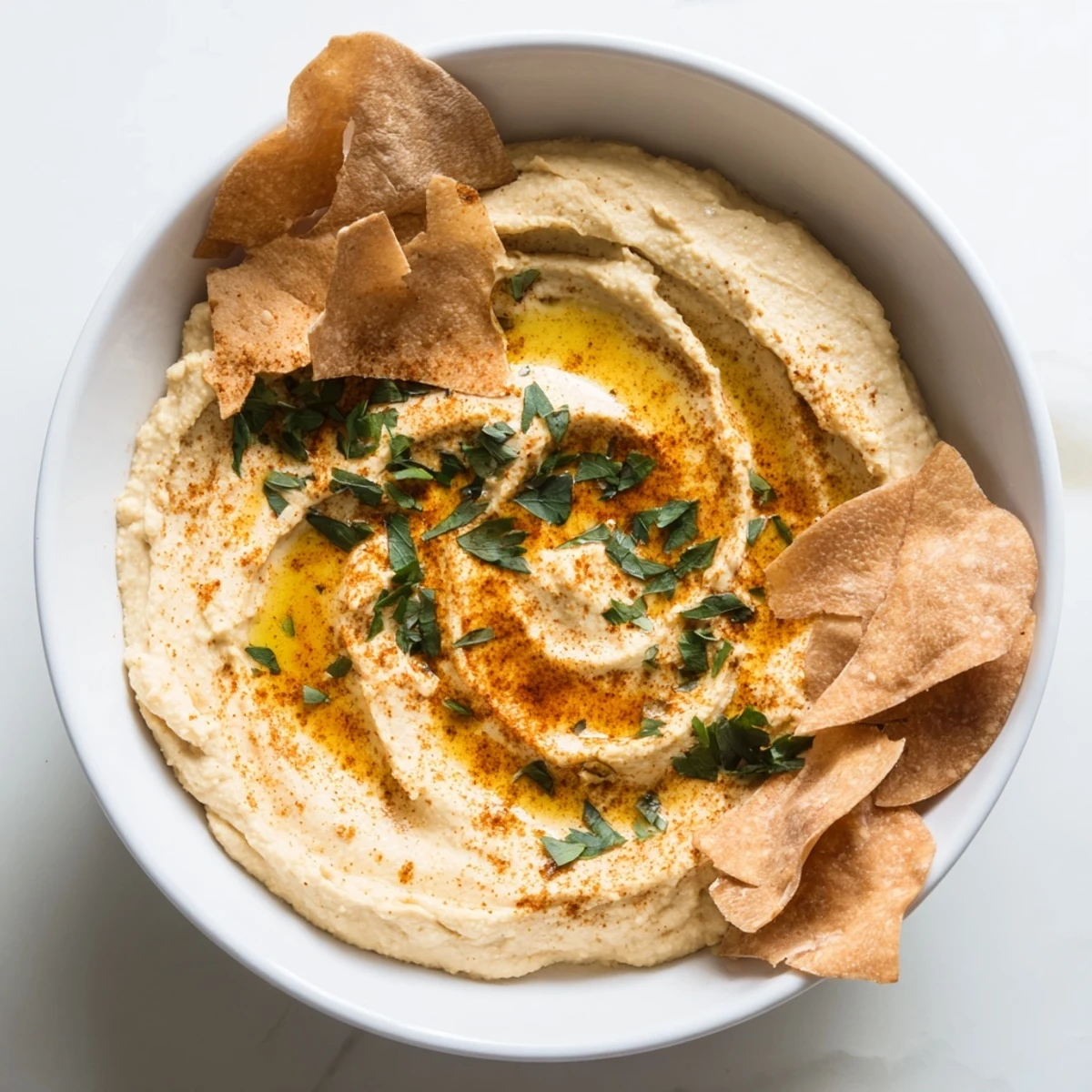 A vibrant photo of a Sahara Dune appetizer: smooth hummus dunes and crispy pita chips for dipping.