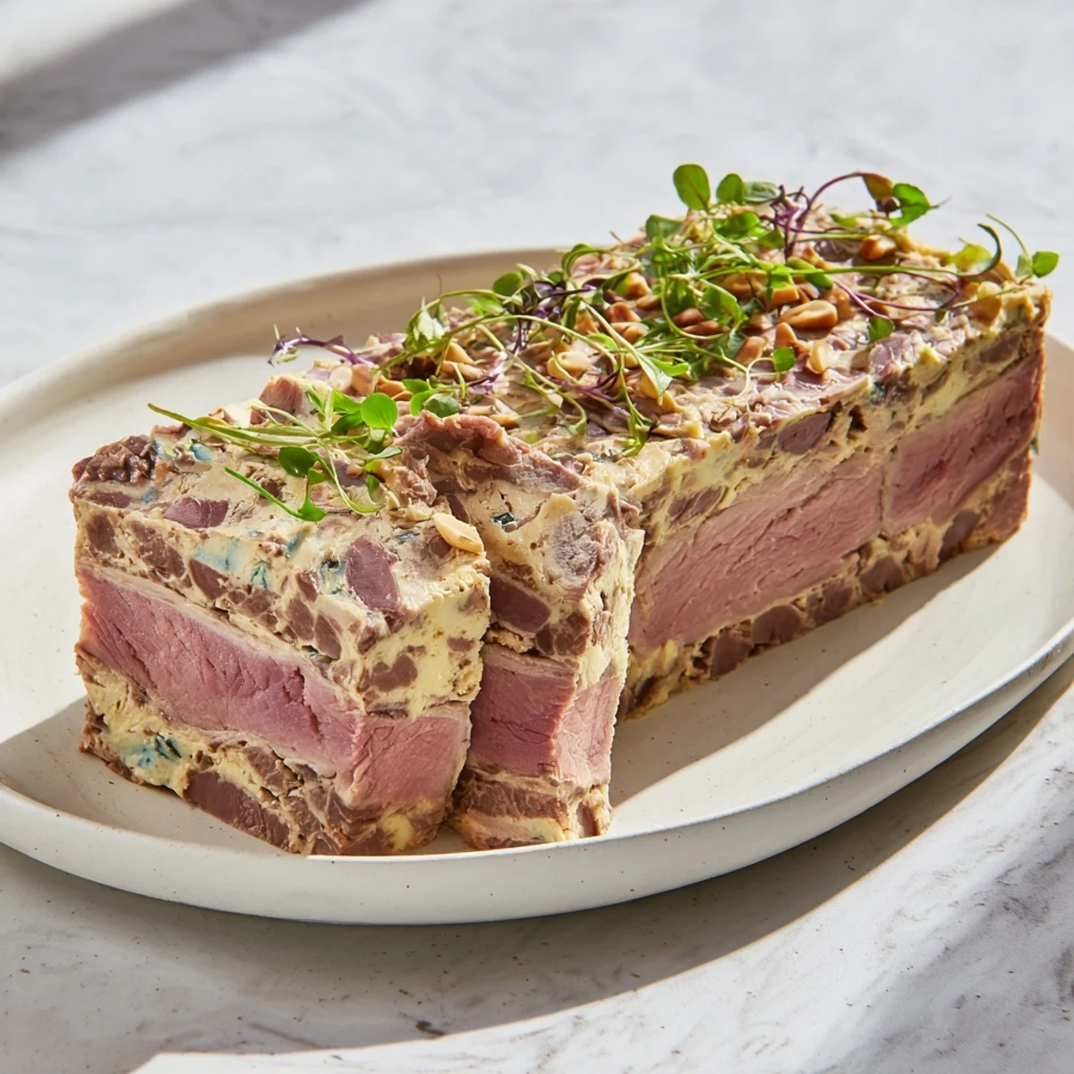 Layered meat slices of The Grand Canyon Rim, showcasing a creamy blue cheese center and garnishes.