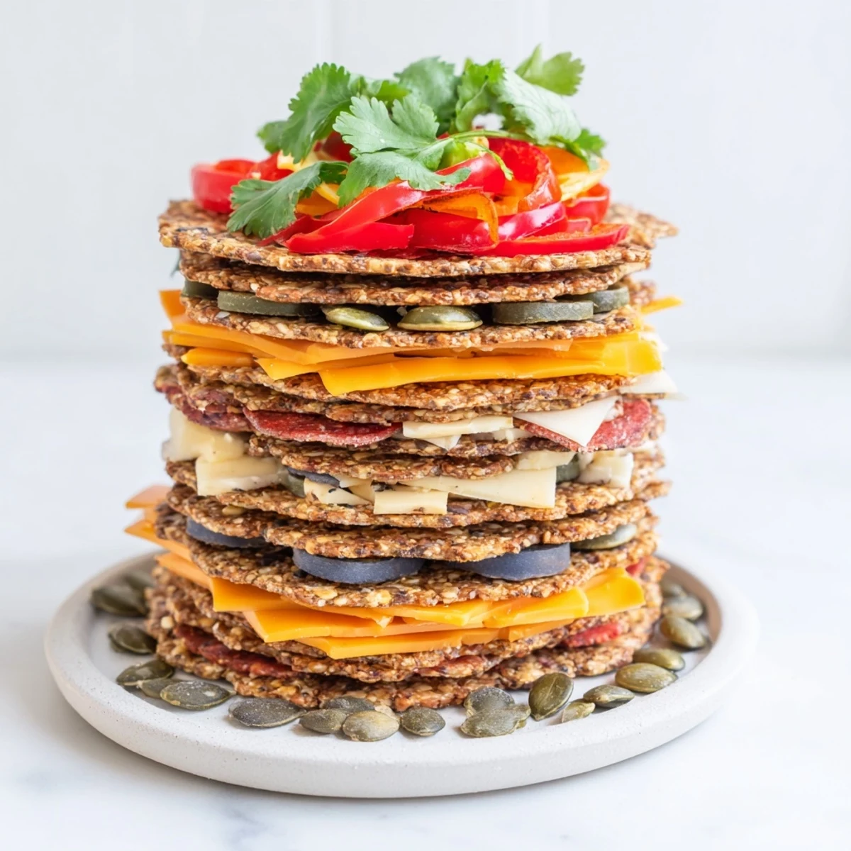 The Southwest Mesa appetizer: cheese and cracker towers, garnished with red pepper and cilantro.