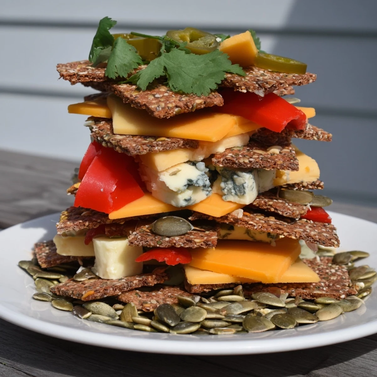 Stacked high, The Southwest Mesa showcases colorful layers of cheese and crackers, ready to serve.