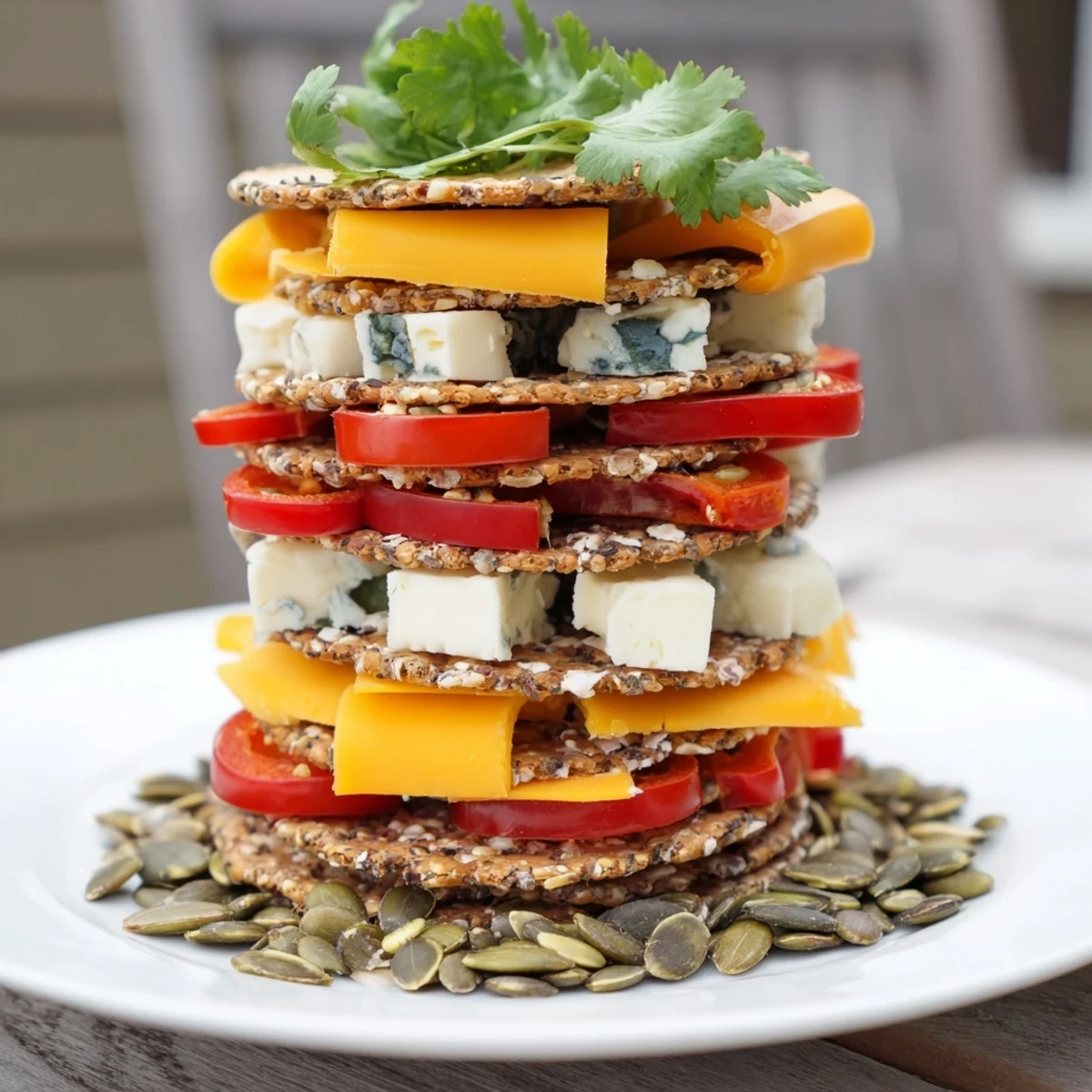 A vegetarian delight, The Southwest Mesa features creative cheese stacks with toasted pumpkin seeds.